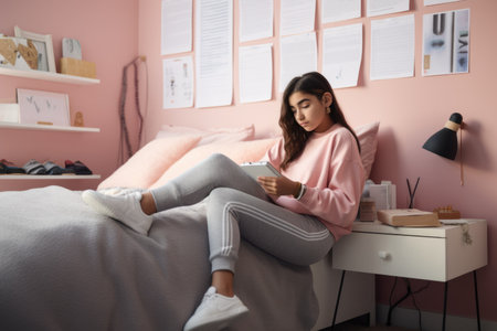 Female Hispanic teenager studying in bedroom study smart. Generative AI AIG23.の素材