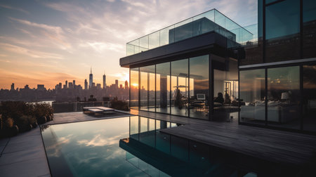 Home architecture design in Modern Style with Glass box constructed by Steel and Glass material. Mid-Century Modern design. Generative AI AIG25 .の素材