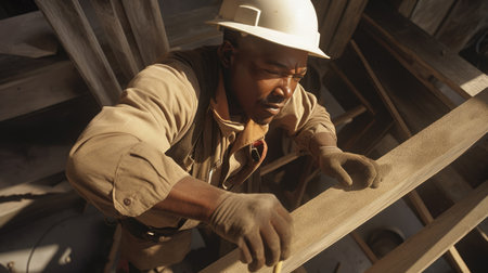 Construction Worker Male African-American Mature Using tools to build a house in Construction site. Generative AI AIG22.の素材