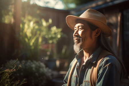 Male Native American 60s gardening in backyard plants overalls. Generative AI AIG23.の素材