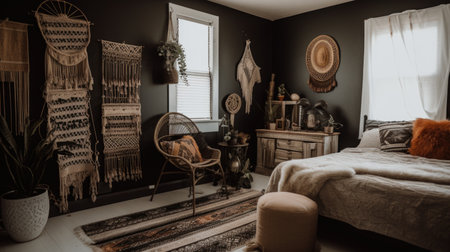 Bedroom decor, home interior design . Bohemian Industrial style with Wall Hanging decorated with Textile and Metal material . Generative AI AIG26.の素材