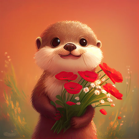 Smiling cute otter holding bouquet in colorful flowers isolated warm background. Concept of phonographic in art digital of animal abstract profile. Glorious generative AI.の素材