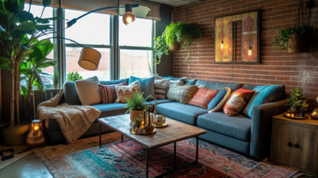 Living room decor, home interior design . Industrial Bohemian style with Gallery Wall decorated with Concrete and Metal material . Generative AI AIG26.の素材