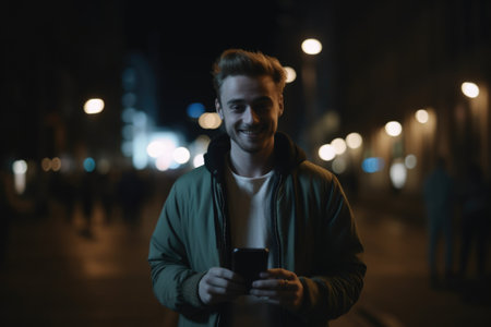 Wide angle shot of a young caucasian man trendy clothes using mobile phone with background of urban city street at night. Generative AI AIG18.の素材