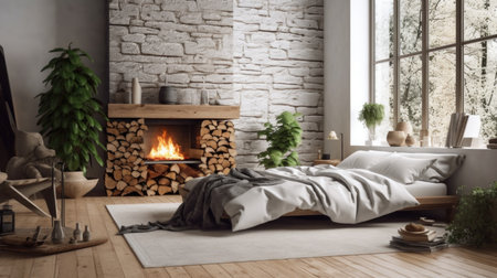 Bedroom decor, home interior design . Scandinavian Rustic style with Fireplace decorated with Wood and Stone material . Generative AI AIG26.の素材