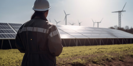 Back view of female engineer working at solar farm wearing hard hat. Generative AI AIG20.の素材