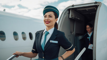 Smiling air hostess in blue suit standing in front of airplane entrance under blue sky. Generative AI AIG21.の素材