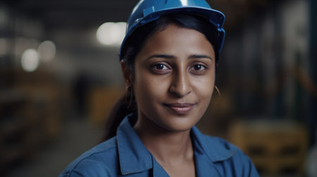 A smiling Indian female electronic factory worker standing in factory. Generative AI AIG19.の素材