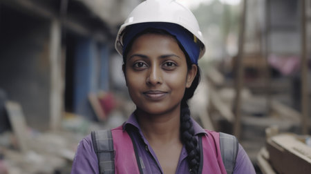 A smiling Indian female construction worker standing in construction site. Generative AI AIG19.の素材