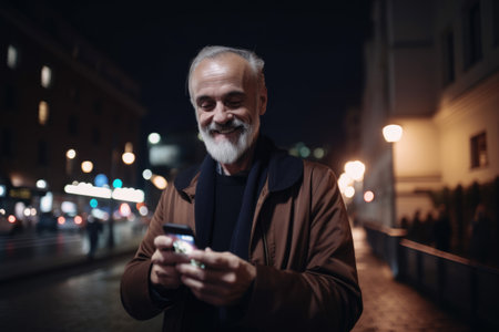 Wide angle shot of a senior caucasian man trendy clothes using mobile phone with background of urban city street at night. Generative AI AIG18.の素材