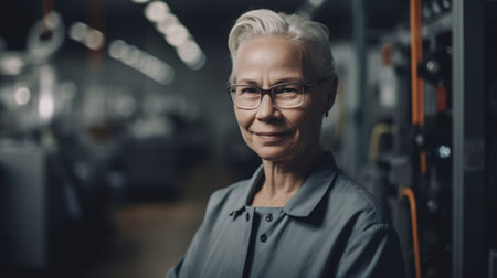 A smiling senior Swedish female electronic factory worker standing in factory. Generative AI AIG19.の素材