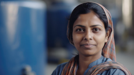 A smiling Indian female factory worker standing in oil refinery plant. Generative AI AIG19.の素材