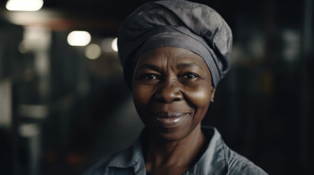 A smiling senior African female factory worker standing in metal sheet factory. Generative AI AIG19.の素材