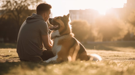 Young man with dog sitting in park, sunlight. Generative AI AIG20.の素材