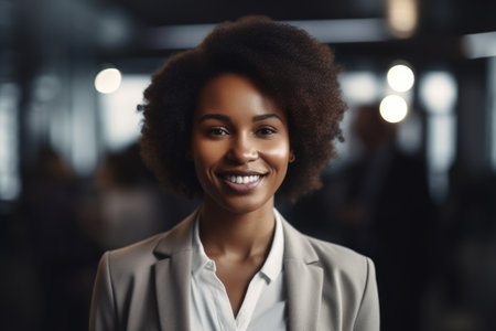 Young smart african-american businesswoman, smiling face, standing in blur background of busy office. Generative AI AIG20.の素材