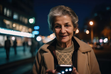 Wide angle shot of a senior caucasian woman trendy clothes using phone. Generative AI AIG18.の素材