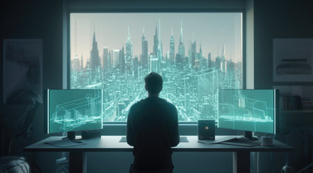 A man looking at blue hologram screen showing the city plan with the light teal and light black. Generative AI AIG21.の素材