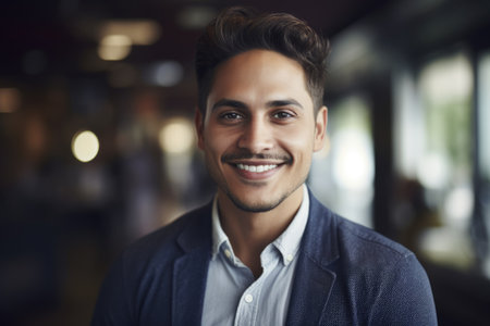 Young smart hispanic businessman, smiling face, standing in blur background of busy office. Generative AI AIG20.の素材