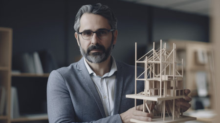 A male architect holding building model in office. Generative AI AIG21.の素材