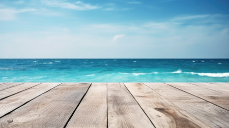 Wooden texture table with blue sea and bright sky in summer background. Generative AI AIG21.の素材