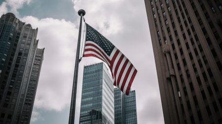 The USA flag on a flagpole near skyscrapers under a cloudy sky. Generative AI AIG21.の素材