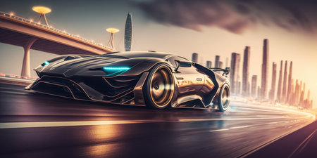 Elegant luxury super sports car future design driving on modern city highwayの素材
