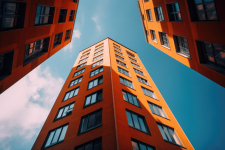 Low angle shot of a unique high rise orange building touching the blue sky. Generative AI AIG21.の素材