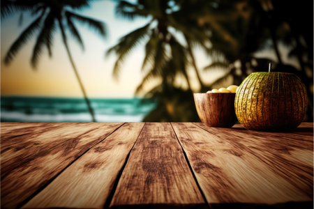 Focus empty wood table with blurred of coconut and palm tree background. Concept of blank space for advertising product with sunrise view. Finest generative AI.の素材