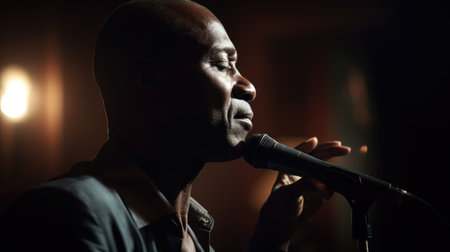 Jazz Singer Male African-American Middle-Aged Performing live music for an audience, singing jazz standards in Jazz club. Generative AI AIG22.の素材