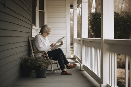 Female Caucasian senior reading books in front porch casual relaxing. Generative AI AIG23.の素材