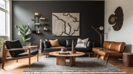 Living room decor, home interior design . Modern Mid-Century style with Artwork decorated with Leather and Wood material . Generative AI AIG26.の素材