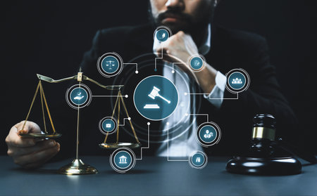 Smart law, legal advice icons and lawyer working tools in the lawyers office showing concept of digital law and online technology of astute law and regulations .の写真素材
