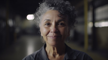 A smiling senior Hispanic female factory worker standing in metal sheet factory. Generative AI AIG19.の素材