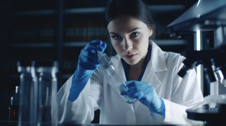 A female biomedical scientist with white gown working in laboratory with determination. Generative AI AIG21.の素材