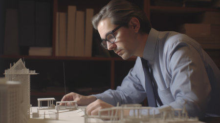 A mature man architect with determined face working with building model in creative office. Generative AI AIG21.の素材