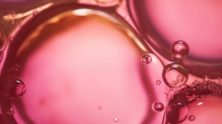 Translucent oil drops in liquid on smooth rose blurred background. Generative AI AIG21.の素材