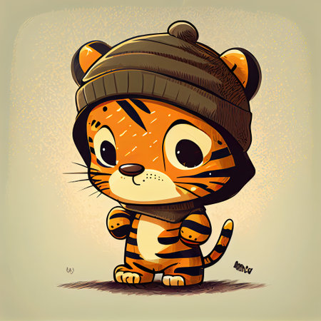 Cute tiger comic wearing a beanie with sweater and hut. Concept of wildlife profile with isolated background. Designed by hip hop costume. Glorious generative AI.の素材