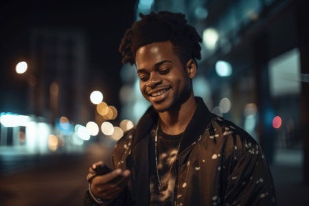 Low angle shot of a young african-american man trendy clothes using mobile phone with background of urban city street at night. Generative AI AIG18.の素材