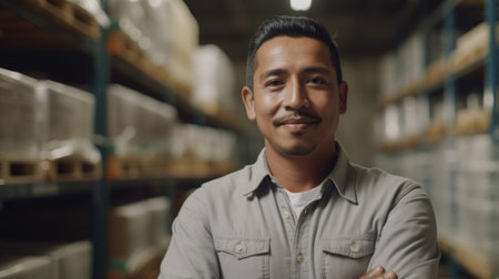 A smiling Hispanic male factory worker standing in warehouse. Generative AI AIG19.の素材