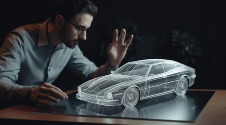 A business man touching a model of modern automobile car on a tabletop. Generative AI AIG21.の素材