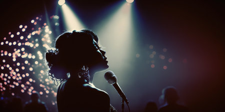 Woman singer singing jazz song in the nightclub in glamorous lighting. distinct generative AI image.の素材