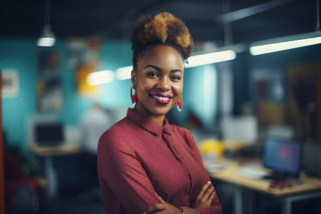 Young smart african-american businesswoman, smiling face, standing in blur background of creative colorful office interior design. Generative AI AIG20.の素材