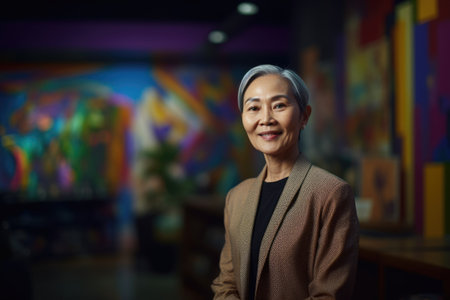 Mature smart asian businesswoman, smiling face, standing in blur background of creative colorful office interior design. Generative AI AIG20.の素材