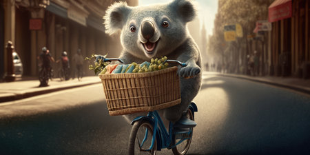 koala have fun bicycle ride on sunshine day in summer on town streetの素材