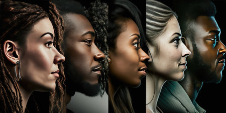 Face portrait of diverse people together looking straight. Multiracial concept. distinct generative AI image.の素材