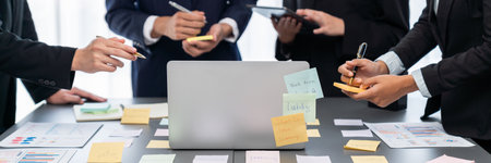 Analyst team use sticky note and laptop for financial insight with business Fintech paper for data analysis dashboard. Creative and analytic brainstorming for business marketing strategy idea. Prodigyの写真素材