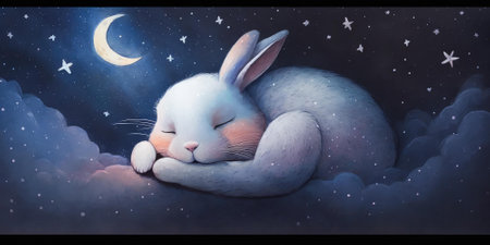 A cute and adorable bunny is sleeping under night sky between stars pillow. Generative AI AIG16.の素材