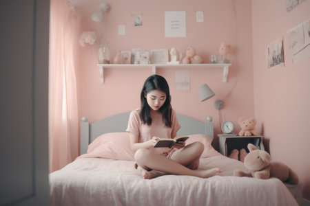 Female Asian teenager reading books in bedroom casual relaxing pastel. Generative AI AIG23.の素材