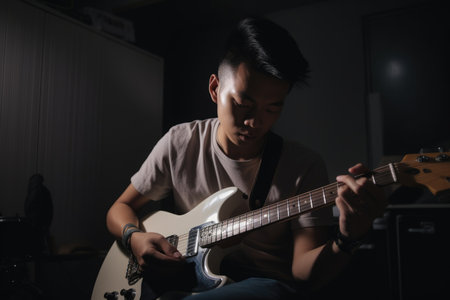 Male Asian teenager playing music in music room sound. Generative AI AIG23.の素材
