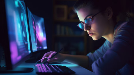 Graphic Designer Female Caucasian Young Adult Working on a computer at a desk in Indoor. Generative AI AIG22.の素材